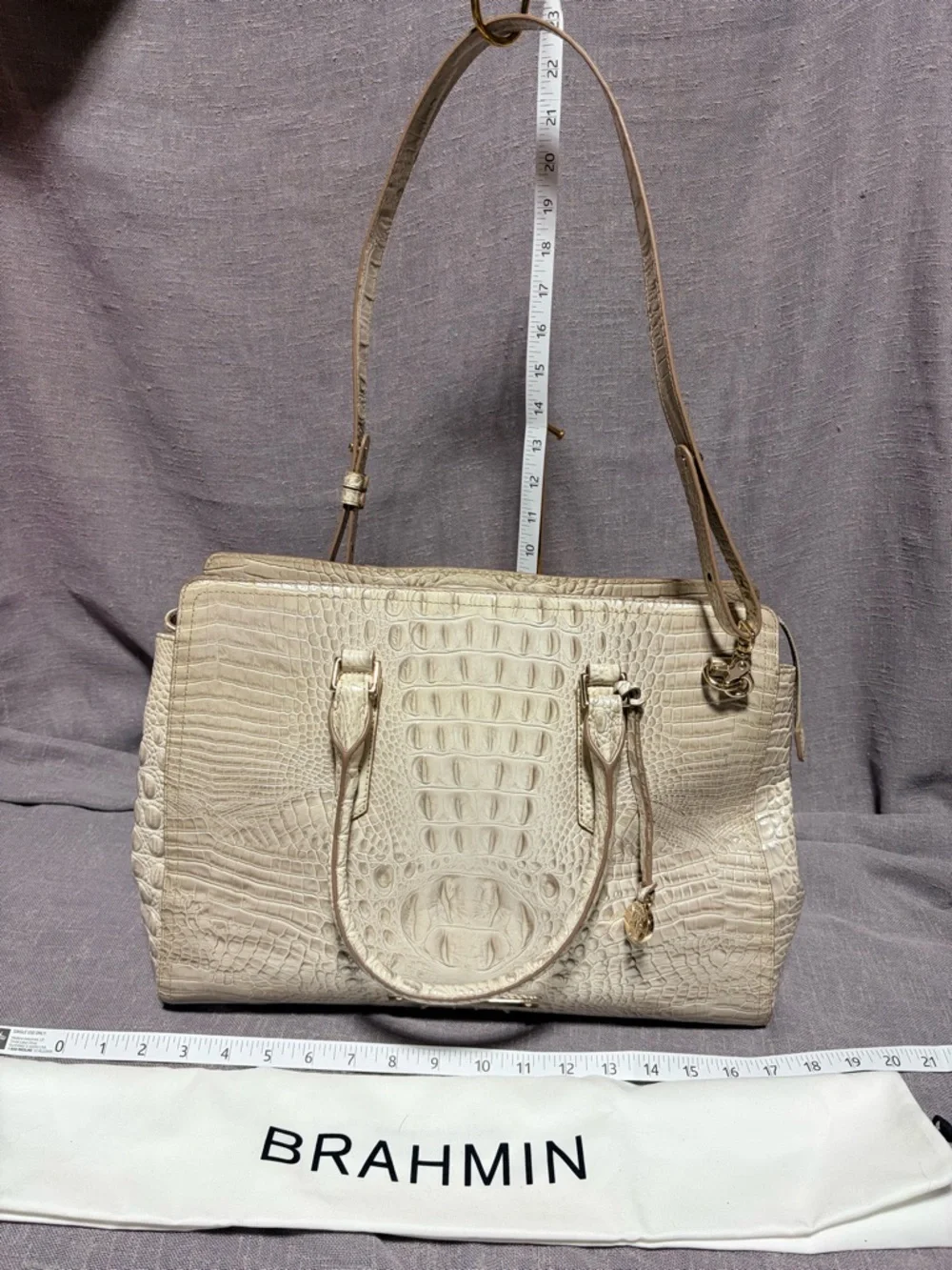 Brahmin Cream Croc-Embossed Leather Satchel with Gold Hardware